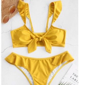 ZAFUL YELLOW TIED RUFFLE PADDED BIKINI WOMENS M
